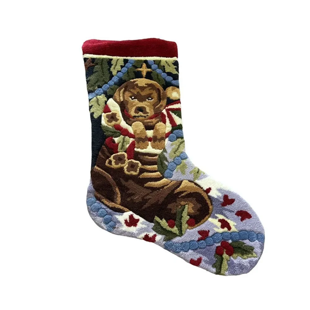 Vintage Finished Latch Hook Rug Wall Hanging Christmas Puppy Stocking Shaped EUC